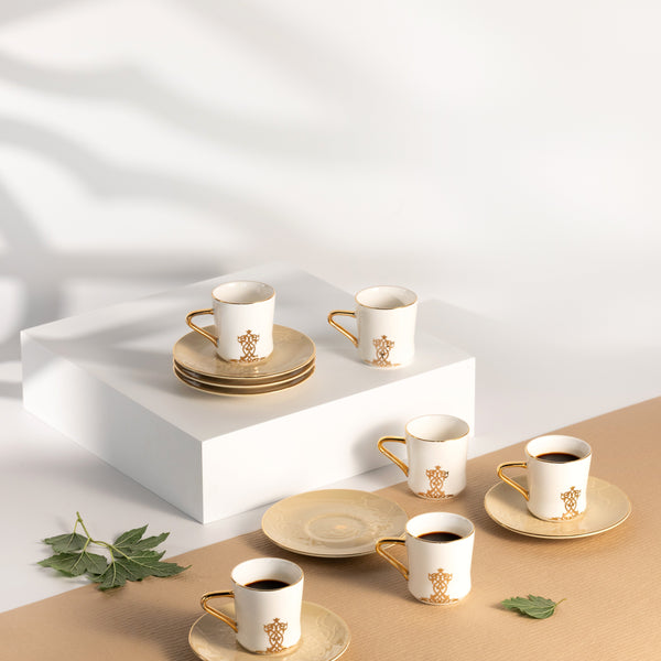 Porcelain Turkish Coffee Set 12 Pcs From Naqsh- Ivory + Gold