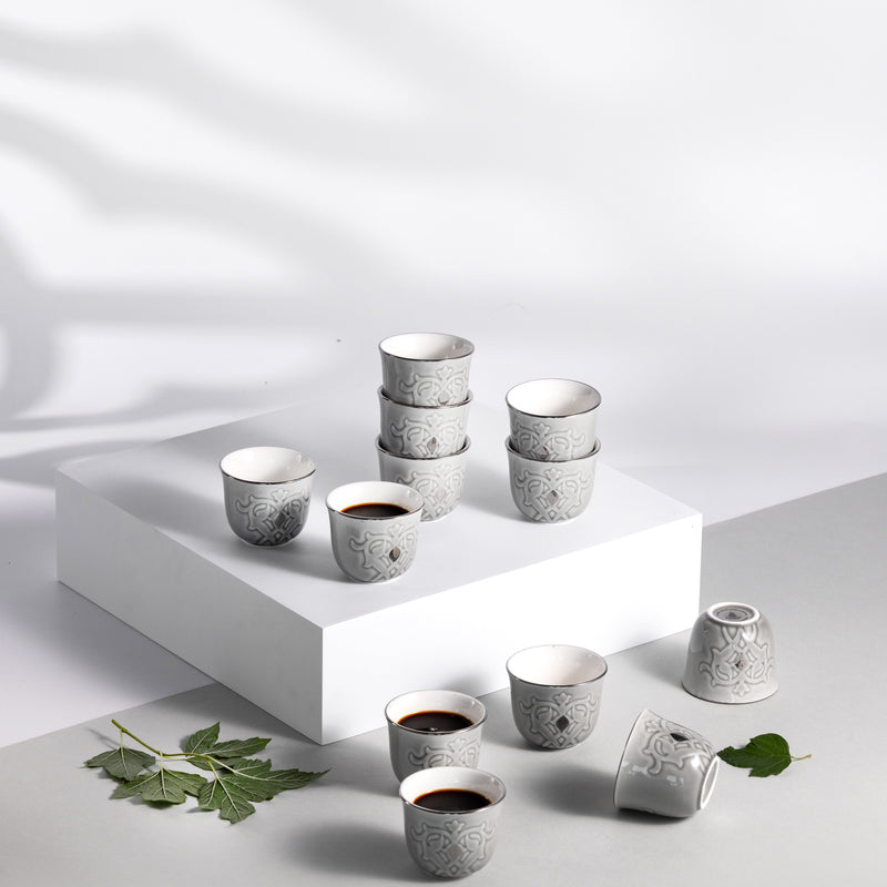 Arabic Coffee cups 12Pcs From Naqsh- Grey + Silver MS Department Store Oman
