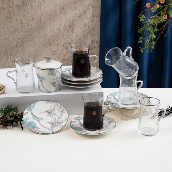 طقم استكانات الشاي 13 قطعة من خزامة  - أزرق وفضي