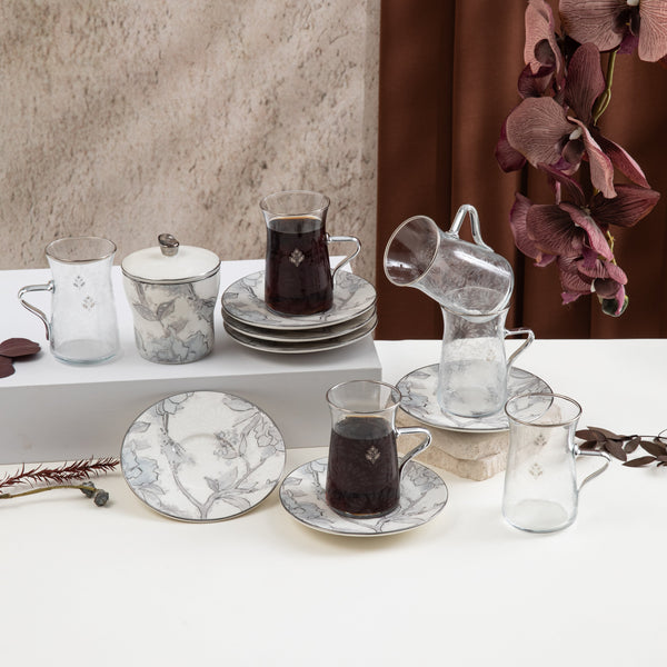 طقم استكانات الشاي 13 قطعة من خزامة  - رمادي وفضي