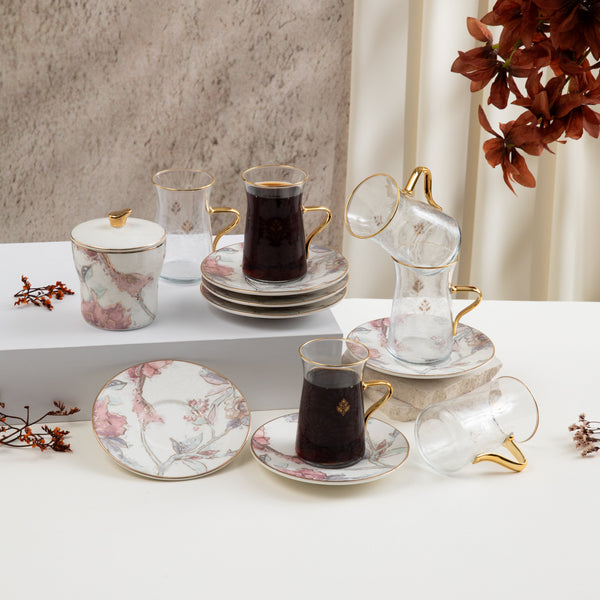 طقم استكانات الشاي 13 قطعة من خزامة  - أحمر و ذهبي