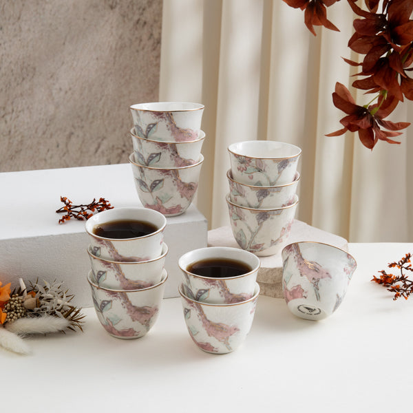 طقم فناجين قهوة عربية 12 قطعة من خزامة  - أحمر و ذهبي