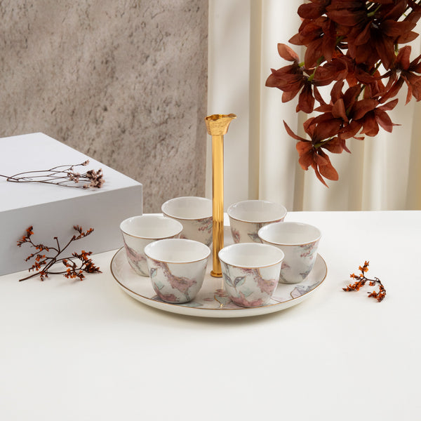 طقم قهوة عربية مع ستاند 7 قطع  من خزامة  -  أحمر و ذهبي