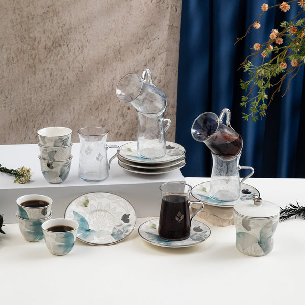 طقم استكانات الشاي والقهوة العربية 19 قطعة من فيلورا  - أزرق وفضي